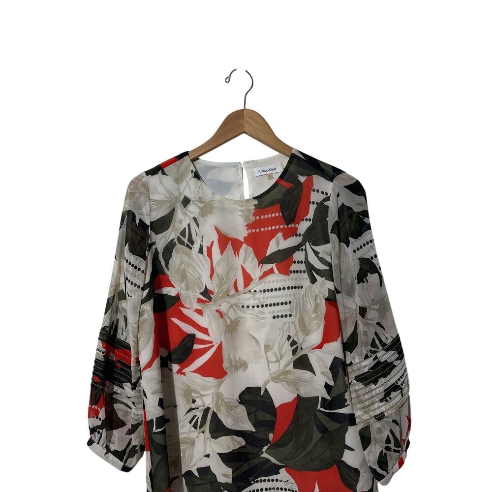 Calvin Klein Printed Pleated Bubble Sleeve Top Red S NWT!